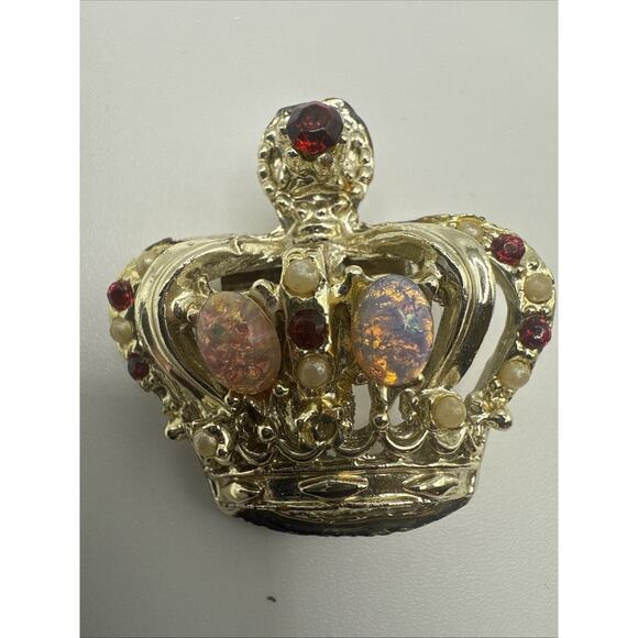 Vintage Crown Brooch Gold Tone Rhinestone Simulated Opal Cabochon LOOK READ - Picture 1 of 8